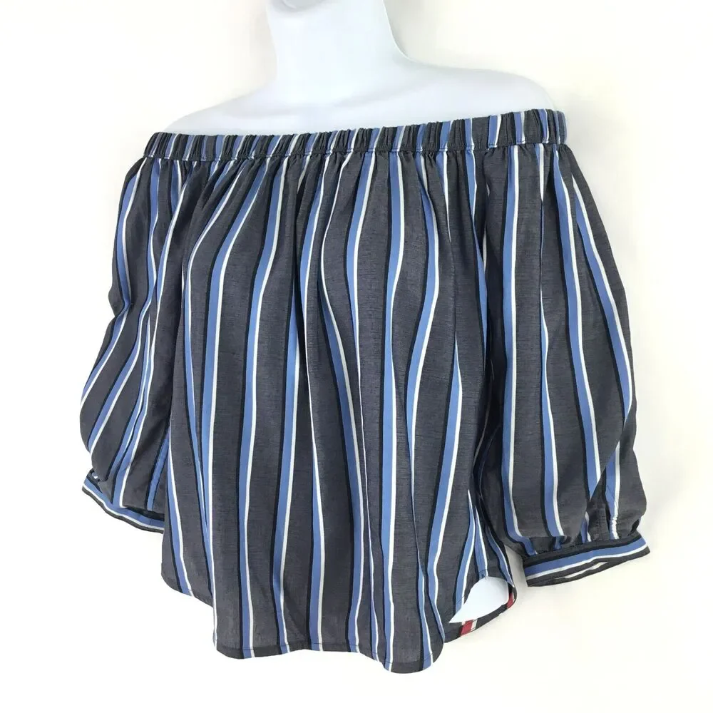 Express Reversible Top Women XS Red White Blue Stripe Off the Shoulder Patriotic - Picture 2 of 13